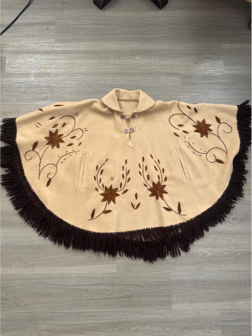 Vintage Beige Wool Poncho with Brown Floral Embroidery and Fringe